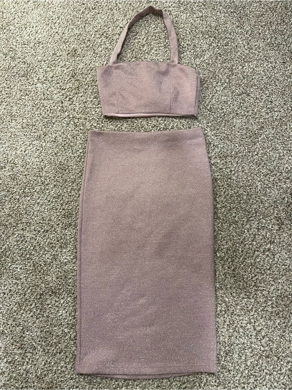 Shimmery Dusty Rose Two-Piece Crop Top & Midi Skirt Set